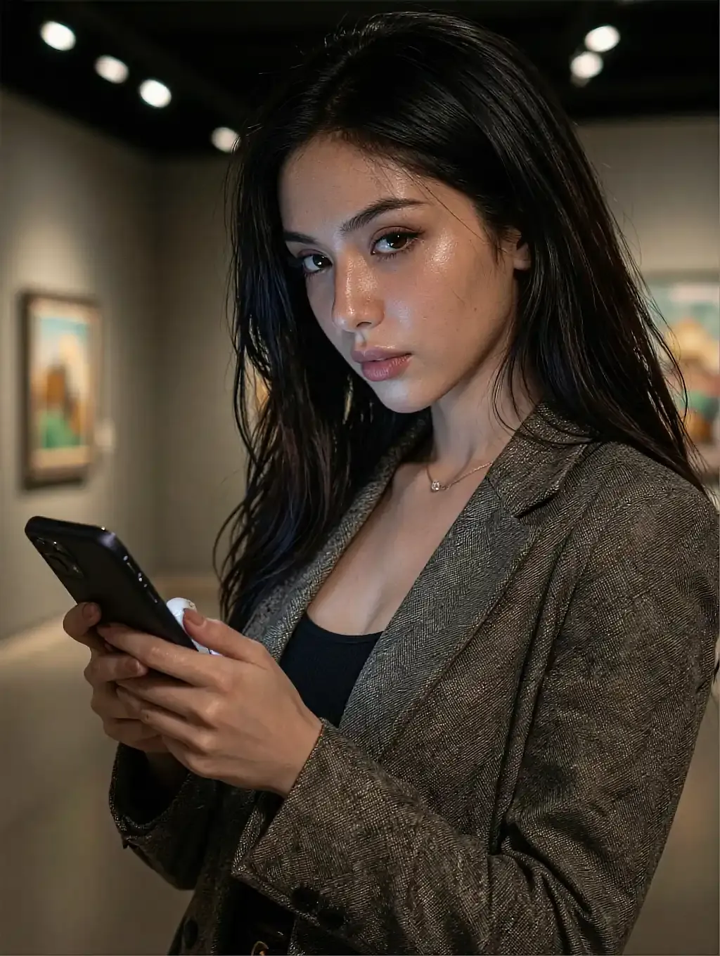 Fictional AI character in an oversized blazer checking her phone in a bright gallery